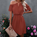 Miniatyrbilde 2 av 5: Off Shoulder Kjole Ensfarget Casual Spaghettistropp Dame Mini Kjole Komfortabel for Sommer Rustrød XL