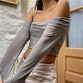 Miniatyrbillede 3 af 5: Dame Langærmet Top Cold Shoulder Mesh Stof Ensfarvet Kort Model Casual T-shirt Grå S