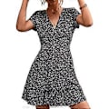 Miniatyrbillede 1 af 5: Trendy Sort Blomstret V-Hals Kjole - Åndbar Flæsekant Casual Strand Sommer Outfit, XL