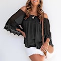 Miniatyrbilde 4 av 5: Dame Off Shoulder Topp 3/4 Bell Ermer Løs Passform Elastisk Halslinje Fôr Inni Sommer Bluse Svart XL