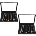 Miniatyrbild 1 av 5: Svart smyckeskrin i sammet med glaslock och 20 krokar (2-pack) - Stapelbar förvaring för halsband och armband - Perfekt för örhängen och fotlänkar