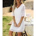 Miniatyrbild 2 av 5: Elegant Vit Prickig Chiffongklänning - V-ringad Volangärm A-linje Sommar Mode, L