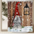 Miniatyrbild 1 av 6: Duschdraperi med Tomte, Jul Vinter Söt Jultomte Trä, ZQKLA