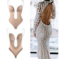 Miniatyrbillede 1 af 8: Dyb V-hals Stropløs Rygløs Body Shaper Bodysuit til Kvinder S Beige