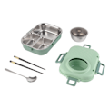 Miniatyrbilde 3 av 8: Termisk lunsjboks 1100ml Dobbelt lag 3 rutenett design 304 rustfritt stål Bento boks med spisepinner skje suppebolle grønn