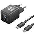 Miniatyrbild 2 av 6: Kolombatteri för EU-kontakt, Typ-C, GaN-teknologi, 20W, 1m - Vention (TZ-FEPB0-EU-01) - Svart