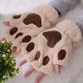 Miniatyrbillede 3 af 5: e Cat Claw Plys vanter Fluffy Bear Handsker Kostume Halvfinger Beige one size