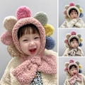 Miniatyrbillede 3 af 4: Hue-halstørklæde integreret børne efterårs- og vinter baby piger sød super sød koreansk version varm plus fleece stor blomst ørebeskyttelse hat