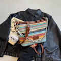 Miniatyrbilde 4 av 4: Fargerike stråvesker for kvinner, vevde vår- og sommer vesker, strandvesker, mote messenger-vesker, reise casual vesker khaki khaki