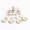Miniatyrbillede 2 af 5: 15 Dele 1/12 Dukkehus Miniature Grøn Blomst Spisestel Porcelæn Te Sæt