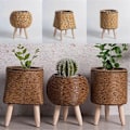 Miniatyrbillede 4 af 5: Vintage Imitation Rattan Vævet Blomsterhylde Håndlavet Opbevaringskurv med Træben Plantepottestativ