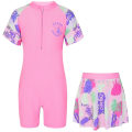 Miniatyrbild 2 av 2: Barn Flickor Badkläder Strandkläder Set Front Ipper Tecknad Graffiti Print Patchwork Jumpsuit med kjol Utslag Guard Baddräkt Light Blue XXL