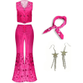 Miniatyrbild 1 av 4: Cowgirl kostym 70-tal 80-tal Hippie Disco Outfits Rosa väst Top Flare Byxa Halloween Margot Robbie Cosplay För Damscarf Örhängen ingår inte Rosy L