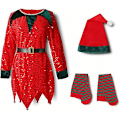 Miniatyrbild 1 av 5: Jultomten Klänning För Flickor Pojkar Elf Cosplay Nyår Glänsande Paljett Grön Röda Kläder Xmas Strumpor Hatt 2023 2 kids 150cm