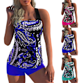 Miniatyrbild 3 av 3: Kvinnors blommiga baddräkt tankini set bikini topp pojkar shorts baddräkt strandkläder badkläder plus size Blue XL