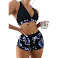 Miniatyrbild 1 av 2: Dam Floral Halterneck Kit Baddräkt Badkläder Shorts Trosa Swim Beach Set Purple L