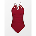 Miniatyrbilde 3 av 4: Kvinners badedrakt i ett stykke med høy hals, badedrakt til stranden, rynket magekontroll, badedrakt Wine Red XL