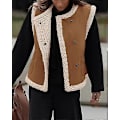 Miniatyrbillede 3 af 5: (M) Dame Vinter Faux Suede Vest Ærmeløs Knap Fleece Sherpa Foret Jakke Mode Casual Overtøj Frakke