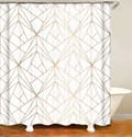 DESIGN Duschdraperi gyllengul linje trianglar badrum texti