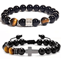 Miniatyrbillede 1 af 5: 2PCS Rustfrit stål Tiger Eye sort blank sten herre armbånd
