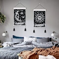 Pikkukuva 4 / 5: 2 kpl Kuu ja Aurinko Tarot-kortti seinävaatteita Aurinko Kuu Seinävaate Kukka Kallo Psykedeelinen Tähdet Hanka