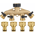 Miniatyrbillede 1 af 5: Solid Messing 4-vejs Slangedeler med Lukkeventiler, Hane og 3/4\" Udløb, Kan Bruge Op til 4 Slanger Samtidig.