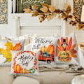 Miniatyrbilde 2 av 5: Høst Pynteputer 18X18, Høstdekorasjon for Hjem, Sett med 4 Dekorative Puter i Lønnetre, Happy Autumn Sofa Putetrekk