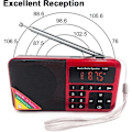 Pikkukuva 2 / 5: Mini Kannettava FM-Radio USB Micro-SD Ja Sisäänrakennettu MP3-Soitin, LED-Taskulamppu, Ladattava 1500 mAh (Punainen)