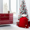 Miniatyrbillede 4 af 5: 2x Julepose 70 x 100 cm Ædel fløjl med lang snor og hvide pomponer - Gavepose til julemandskostume og dekoration - Julesæk til at fylde (R