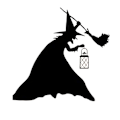 Pikkukuva 1 / 5: Halloween-noidan siluetti, taotut noidat, musta pata, mustan kissan pihamerkit, pelottava perhe, piha C