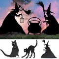 Pikkukuva 5 / 5: Halloween-noidan siluetti, taotut noidat, musta pata, mustan kissan pihamerkit, pelottava perhe, piha C