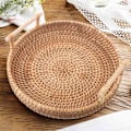 Miniatyrbilde 2 av 5: Rattan Brødkurv Rund Flettet Te-brett med Håndtak for Servering av Middager, Kaffe, Lunsj (8,7 tommer)
