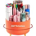 Miniatyrbillede 3 af 5: 360° roterende 5-sporet skrivebordsarrangør, sød blyantholder til kontor, skole, kunstmaterialer (orange)