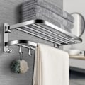 Miniatyrbillede 2 af 5: 60 cm Foldbar Dobbeltlags Håndklædeholder Rustfrit Stål Væghængt Håndklædeholder Multifunktionel Håndklædehylde med 5 Kroge til Badeværelse - Sølv - 60 x 24