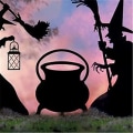 Pikkukuva 4 / 5: Halloween-noidan siluetti, taotut noidat, musta pata, mustan kissan pihamerkit, pelottava perhe, piha C