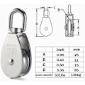 Miniatyrbillede 3 af 4: 4 stk. M25 enkelt remskiveblok, 304 rustfrit stål remskive rulle, kran drejelig krog glat wire reb kabel belastning 331Lbs/150Kg