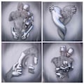 Miniatyrbild 3 av 5: 4 st Love Heart 3D-effektkonst, abstrakt metallstatykonst duk målning 19,7 tum modern väggkonstdekor
