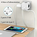 Miniatyrbilde 5 av 5: Kubevegg Strømbryter med 4 Uttak og 3 USB-porter, 7-i-1 USB Strømbryter med Bryter for Hjem, Kontor