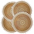 Pikkukuva 1 / 5: 4 pyöreän pöytäaluslevyn sarja, boho-kudottu pöytämatto hapsuilla ruokasalin keittiön pöydän sisustukseen (valkoinen pallo)