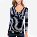 Miniatyrbillede 2 af 5: Kvinde Maternity Amning Toppe Langærmet Toppe Casual Stribet Bluse Toppe Skjorte til Gravide Navy Blue L