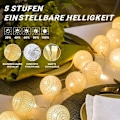 Pikkukuva 2 / 5: Puuvillapallovaloköynnös, 20 LED USB himmennettävä pallovaloköynnös kaukosäätimellä ja ajastimella, LED sisävaloköynnös lasten makuuhuoneeseen