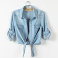 Miniatyrbillede 1 af 2: Dame Mode Afslappet Trekvartærmet Knap-ned Cropped Denim Top Knude Slips Denim Skjorte Jakke Himmelblå XXL