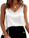 Dam silke satin linne V-ringad avslappnad camisole ärmlös blus Vit M White M