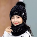 Pikkukuva 6 / 8: Talvineulottu huivihattu Set Paksu lämmin Skullies Pipot Hatut F A7 one size