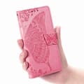 Fodral för iPhone15Plus rosa 3D blomma fjäril läder präglat