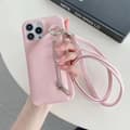 Fodral för iPhone15pro rosa dragkedja korthållare justerbart rep solid litchimönster anti-fall