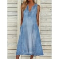 Miniatyrbilde 5 av 5: Ensfarget ermeløs V-hals Løs Casual Denim kjole Blue XL