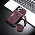 Fodral för iPhone 14 vinröd tri fold lanyard väska stöldskydd borste plånbok läder