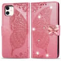Etui til iPhone 13 Pro rosa diamantpreget sommerfugl lær blomsterplate