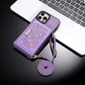Fodral för iPhone15pro lila tri fold lanyard väska stöldskydd borste plånbok läder